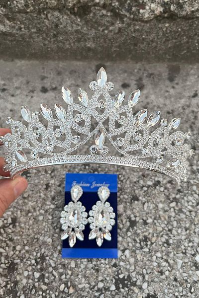 Hobigram Grace Silver Bridal Crown and Three Shuttle Earrings Set – Wedding Evening Dress Accessory with Stones