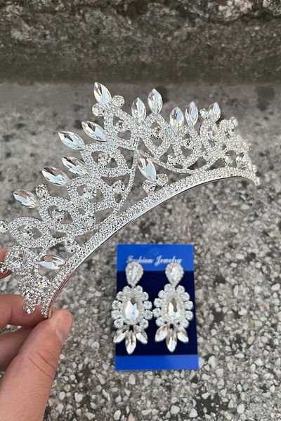 Hobigram Grace Silver Bridal Crown and Three Shuttle Earrings Set – Wedding Evening Dress Accessory with Stones
