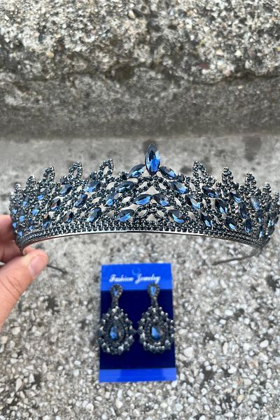 Hobigram Amara Navy Blue Crown and Drop Shuttle Earring Set – Sparkling Evening Dress Bridal Set