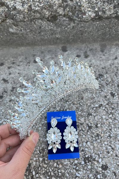 Hobigram Daisy Silver Crown and Three Shuttle Earrings Set – Sparkling Evening Dress Bridal Set