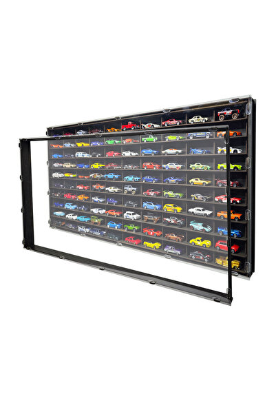 Woodbu Şeffaf Kapaklı Eskitme Siyah Yatay 100 Araçlık Hobi Araba Rafı