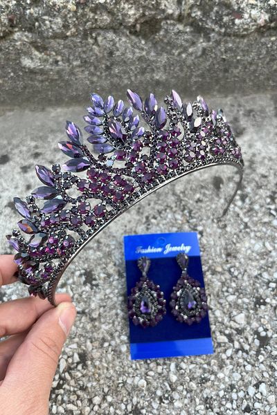 Hobigram Madeline Bridal Set – Purple Crown and Drop Shuttle Earrings Set, Henna Wedding Accessory