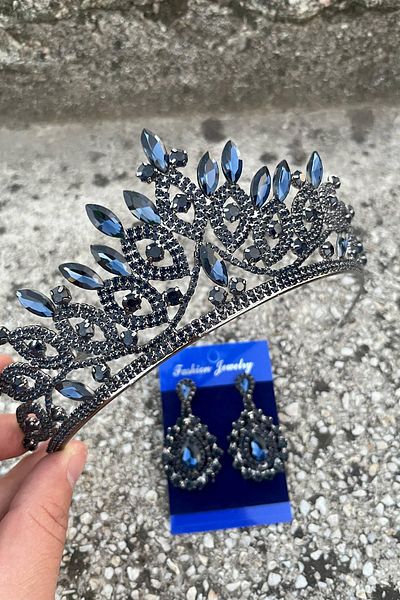 Hobigram Grace Navy Blue Bridal Crown and Drop Shuttle Earring Set – Wedding Evening Dress Accessory with Stones