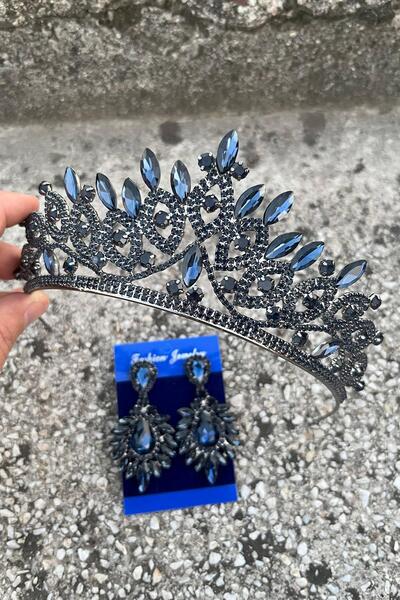 Hobigram Grace Navy Blue Bridal Crown and Wide Shuttle Earring Set – Wedding Evening Dress Accessory with Stones