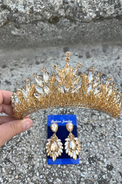 Hobigram Daisy Gold Yellow Crown and Wide Shuttle Earrings Set – Sparkling Evening Dress Bridal Set