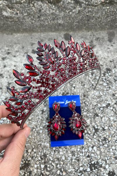 Hobigram Madeline Bridal Set – Burgundy Crown and Wide Shuttle Earrings Set, Henna Wedding Accessory