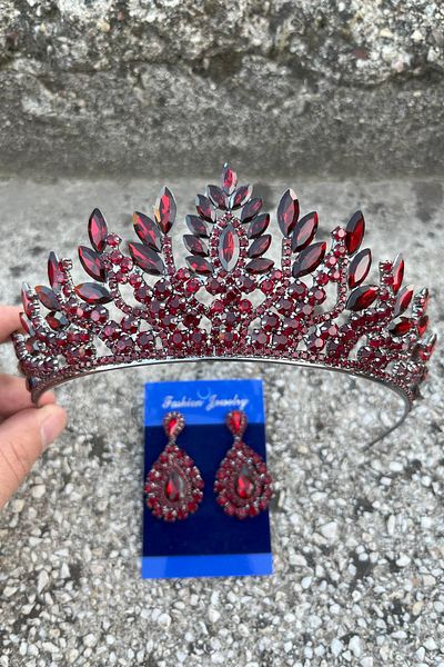 Hobigram Madeline Bridal Set – Burgundy Crown and Drop Shuttle Earrings Set, Henna Wedding Accessory
