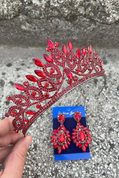 Hobigram Grace Red Bridal Crown and Wide Shuttle Earrings Set – Wedding Evening Dress Accessory with Stones