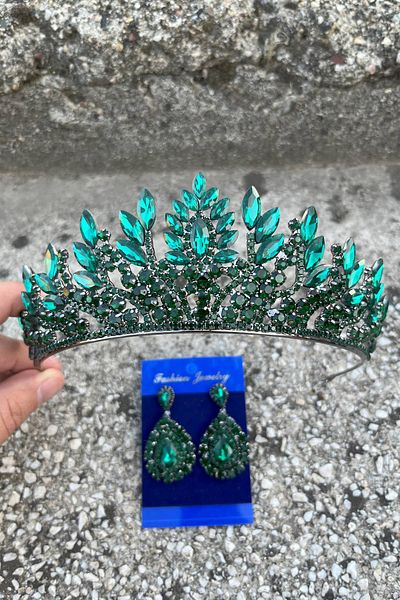 Hobigram Madeline Bridal Set – Green Crown and Drop Shuttle Earrings Set, Henna Wedding Accessory