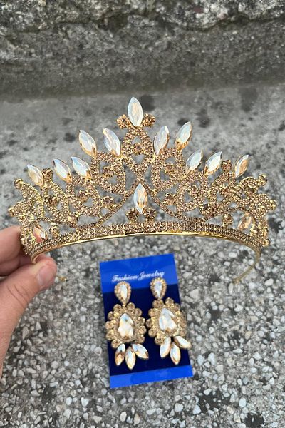 Hobigram Grace Gold Bridal Tiara and Three Shuttle Earrings Set – Wedding Evening Dress Accessory with Stones