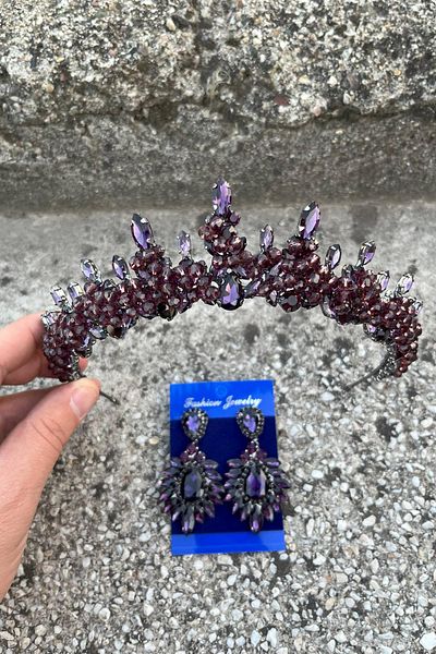 Hobigram Thalia Crown Wide Shuttle Earring Set Purple – Sparkling Evening Dress Accessory with Stones for Bridal Henna Wedding