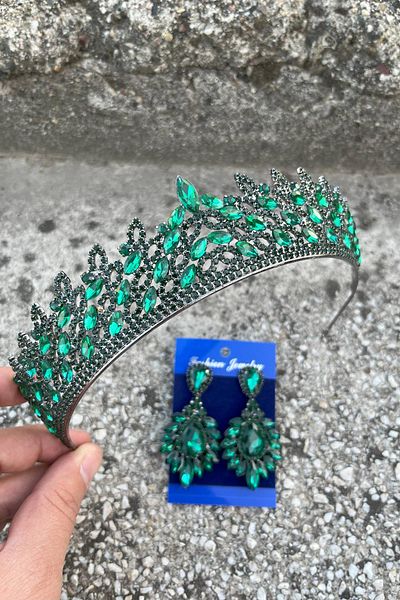 Hobigram Amara Green Crown and Wide Shuttle Earrings Set – Sparkling Evening Dress Bridal Set
