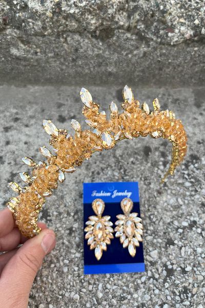Hobigram Thalia Crown Thin Shuttle Earring Set Gold – Sparkling Evening Dress Accessory with Stones for Bridal Henna Wedding