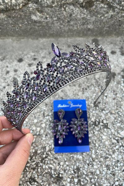 Hobigram Amara Purple Crown and Thin Shuttle Earrings Set – Sparkling Evening Dress Bridal Set