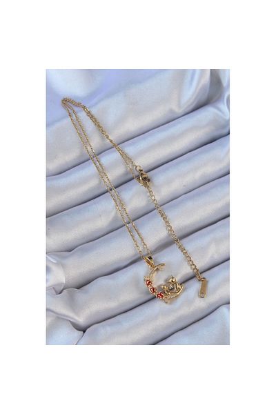 Skygo 316L Steel Chain Gold Color Red Rose Detail Cat Figure Zircon Stone Moon Necklace - Tj-Bko9129