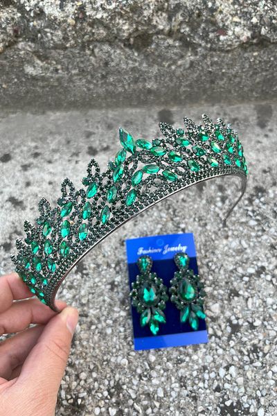 Hobigram Amara Green Crown and Three Shuttle Earrings Set – Sparkling Evening Dress Bridal Set