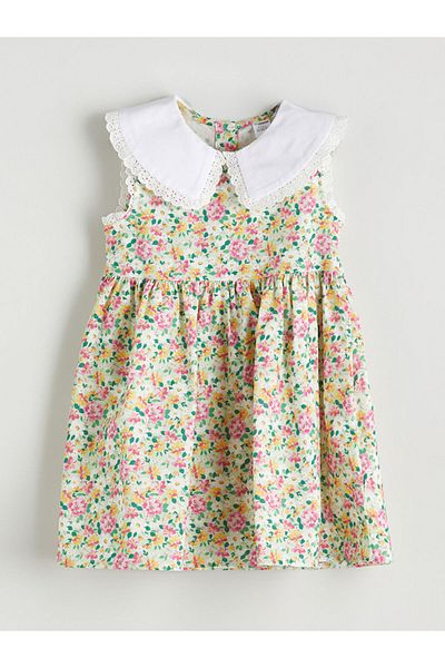 LC Waikiki Green Linen Blend Floral Girl's Dress