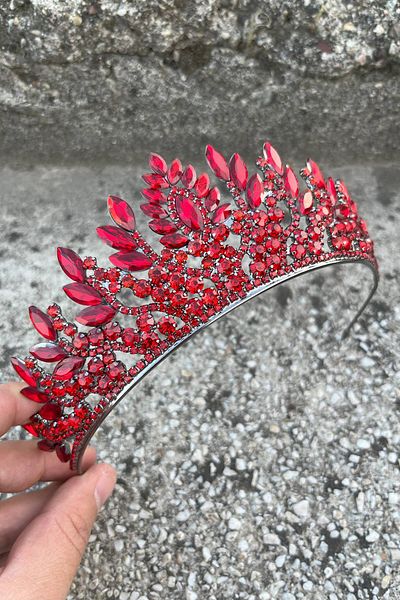 Hobigram Madeline Red Evening Dress Crown – Wedding Henna Engagement Crown with Stones, Bridal Accessory Model