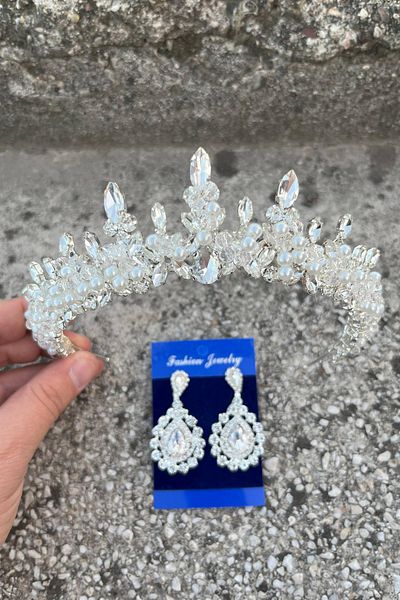 Hobigram Thalia Crown Drop Shuttle Earrings Set Silver – Sparkling Evening Dress Accessory with Stones for Bridal Henna Wedding
