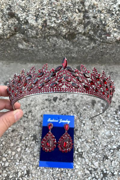 Hobigram Amara Burgundy Crown and Drop Shuttle Earrings Set – Sparkling Evening Dress Bridal Set