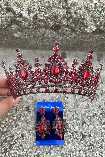 Hobigram Eveline Burgundy Crown Wide Shuttle Earring Set – Henna Engagement Wedding Evening Dress Accessory Set