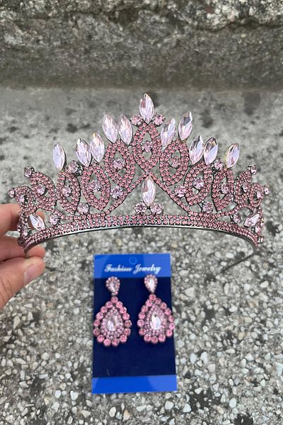 Hobigram Grace Pink Bridal Crown and Drop Shuttle Earrings Set – Wedding Evening Dress Accessory with Stones