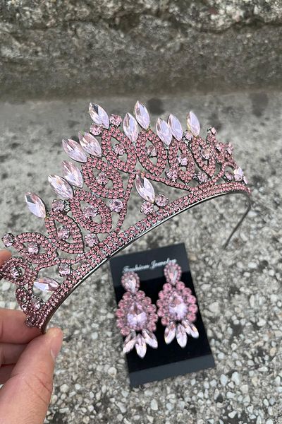 Hobigram Grace Pink Bridal Tiara and Three Shuttle Earrings Set – Wedding Evening Dress Accessory with Stones