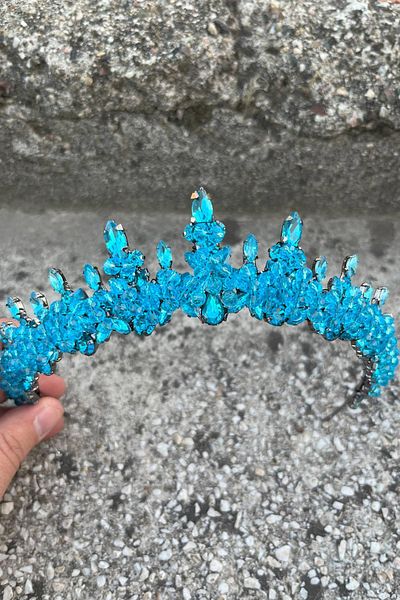 Hobigram Thalia Model Turquoise Crown – Bridal Henna Wedding Evening Dress with Stones for a Showy Hair Crown