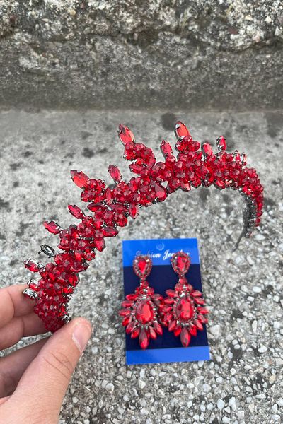 Hobigram Thalia Crown Wide Shuttle Earring Set Red – Sparkling Evening Dress Accessory with Stones for Bridal Henna Wedding