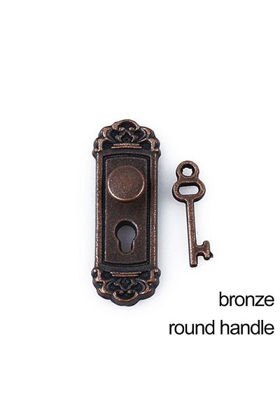 Choice bronze-round handle Retro Style 1/12 Scale Dollhouse Lock Key Set Miniature Door Handles Brass Knobs