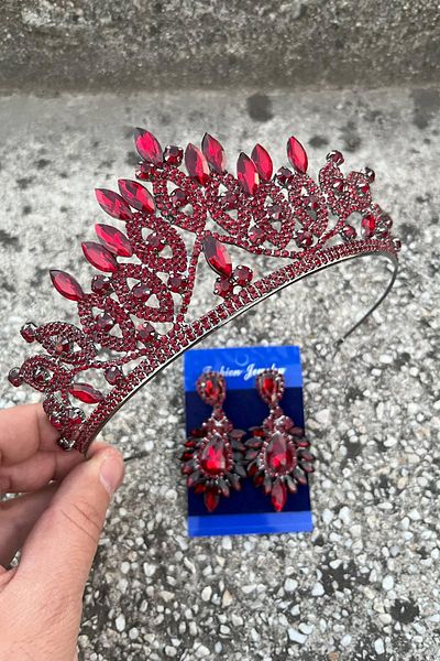 Hobigram Grace Burgundy Bridal Crown and Wide Shuttle Earrings Set – Wedding Evening Dress Accessory with Stones
