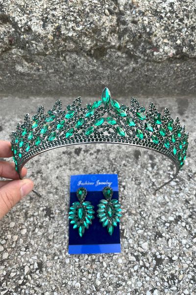 Hobigram Amara Green Crown and Thin Shuttle Earrings Set – Sparkling Evening Dress Bridal Set