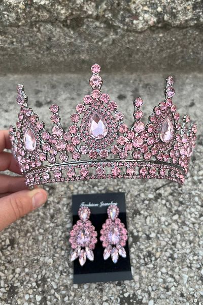 Hobigram Eveline Pink Crown Three Shuttle Earring Set – Henna Engagement Wedding Evening Dress Accessory Set