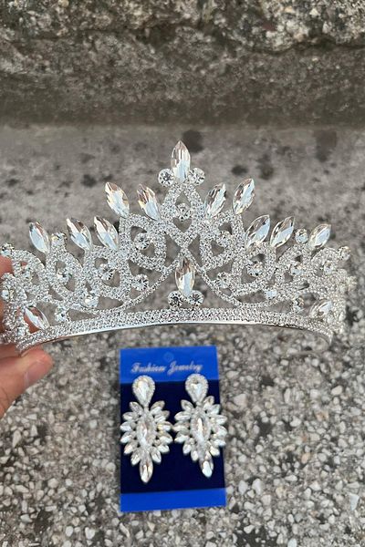 Hobigram Grace Silver Bridal Crown and Thin Shuttle Earrings Set – Wedding Evening Dress Accessory with Stones