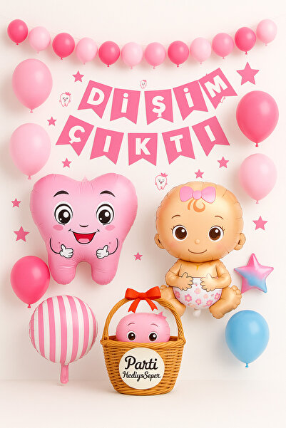 parti hediye sepeti Dişim Çıktı Diş Buğdayı Balon Seti Pembe | Hazır Parti Dekor