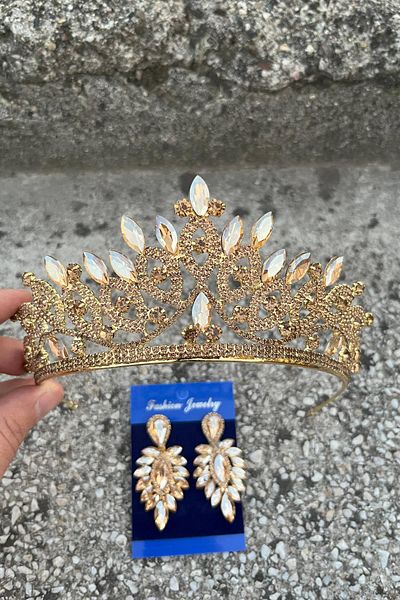 Hobigram Grace Gold Bridal Tiara and Thin Shuttle Earring Set – Wedding Evening Dress Accessory with Stones