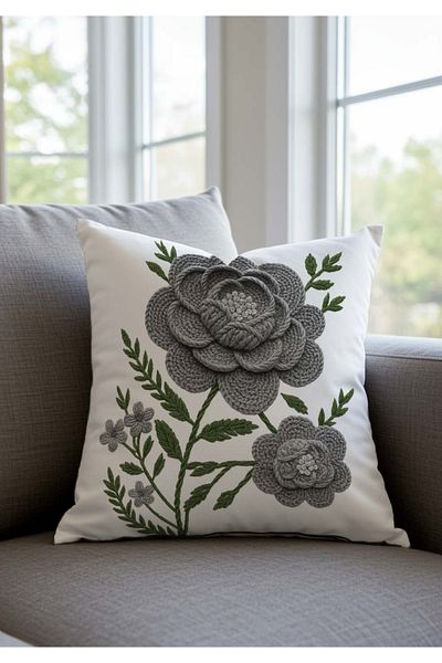 Pillow Home 3D Embroidery Looking Gray Flower Patterned Digital Printed Set of 4 Decorative Throw Pillow Cases