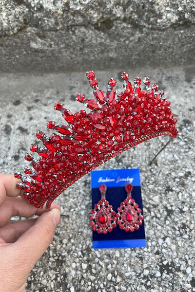 Hobigram Daisy Red Crown and Drop Shuttle Earrings Set – Sparkling Evening Dress Bridal Set
