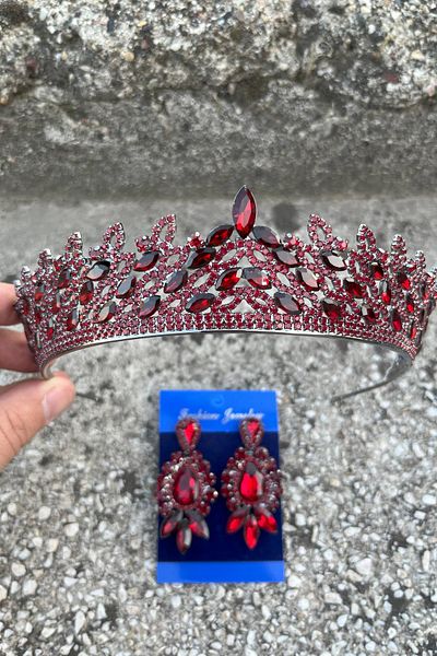 Hobigram Amara Burgundy Crown and Three Shuttle Earrings Set – Sparkling Evening Dress Bridal Set
