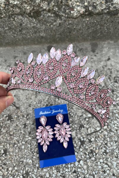 Hobigram Grace Pink Bridal Crown and Thin Shuttle Earrings Set – Wedding Evening Dress Accessory with Stones