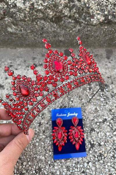Hobigram Eveline Red Crown Thin Shuttle Earring Set – Henna Engagement Wedding Evening Dress Accessory Set