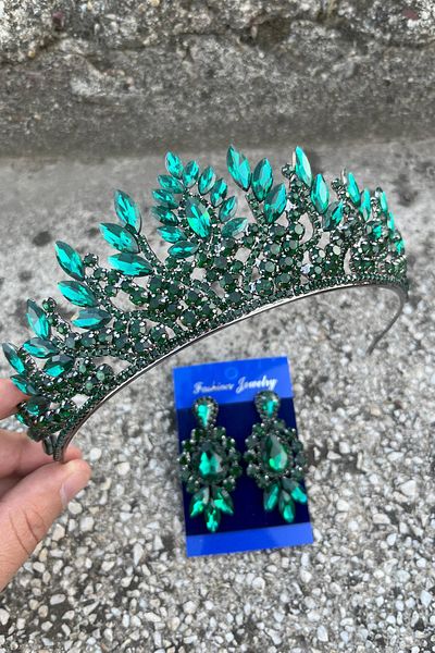 Hobigram Madeline Bridal Set – Green Crown and Three Shuttle Earrings Set, Henna Wedding Accessory
