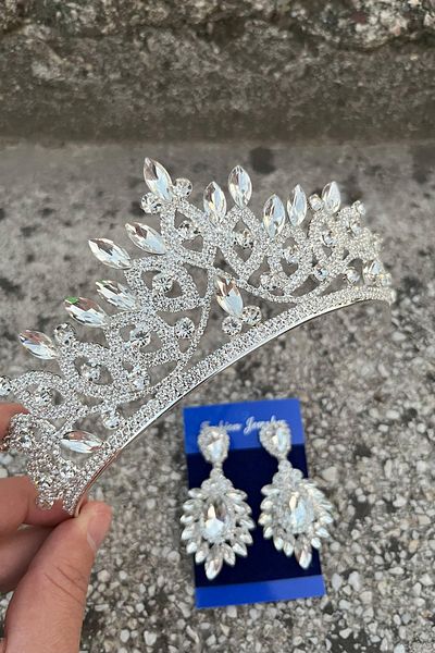 Hobigram Grace Silver Bridal Tiara and Wide Shuttle Earrings Set – Wedding Evening Dress Accessory with Stones