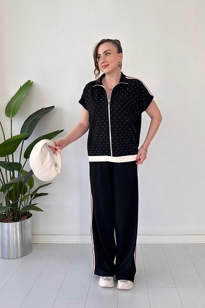 MaziButik Glitter Zipper Detailed Modal Suit Black