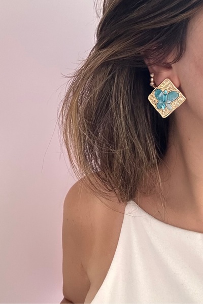 YENGEÇ Square Gold Detailed Blue Butterfly Earrings