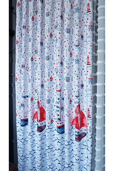 Yuka Children's and Baby's Room Background Curtain Velvet Textured Sailing Sea Theme Printed Single Wing 1/2.5 Medium Pleated