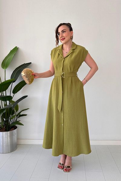 MaziButik Linen Shirt Dress Oil Green