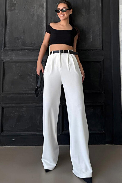 CoolLook Çift Pileli Rahat Kesim Kemerli Yüksek Belli Cepli Tarz Günlük Esnek...