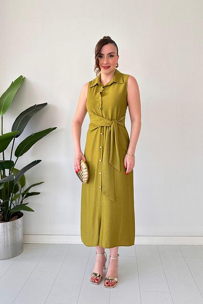 MaziButik Side Tie Sleeveless Dress Oil Green