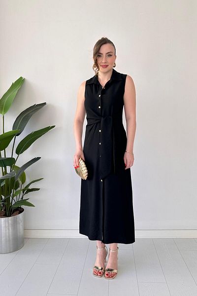 MaziButik Side Tie Sleeveless Dress Black